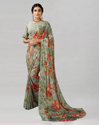 Green printed georgette saree with blouse 1
