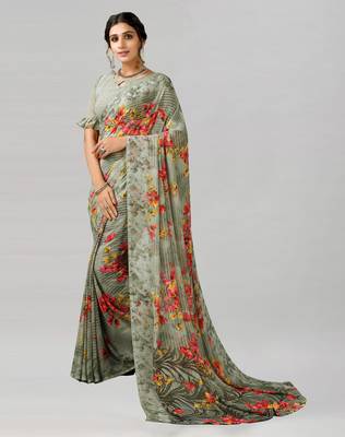 Green printed georgette saree with blouse 2
