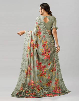 Green printed georgette saree with blouse 3