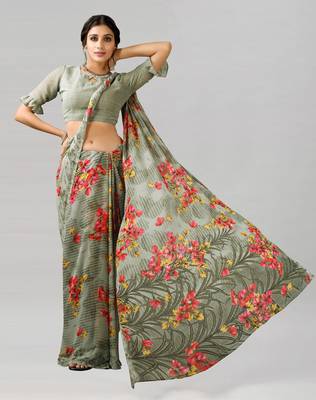 Green printed georgette saree with blouse 4