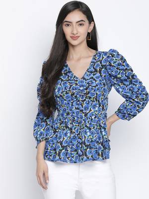 Cloud blue flower print women top 1