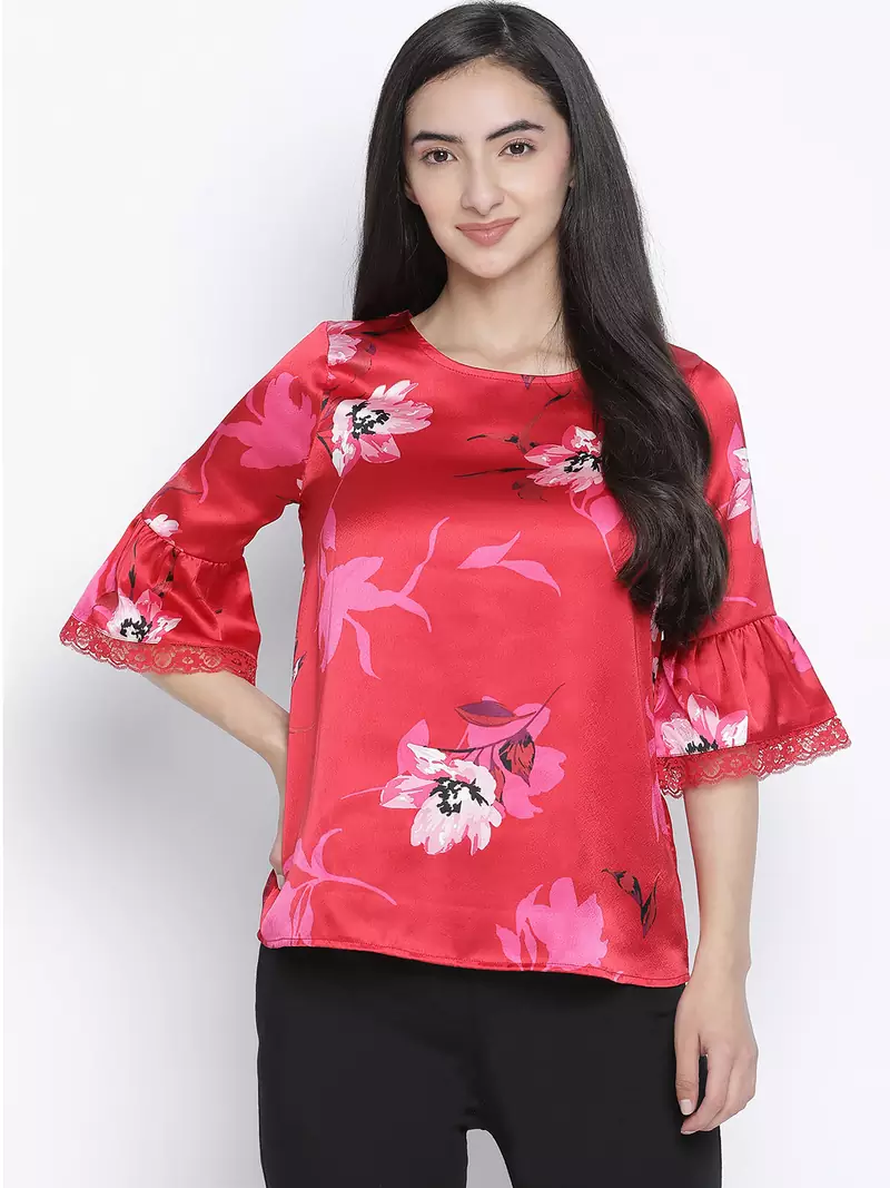 Sizzle red floral print women nightwear top
