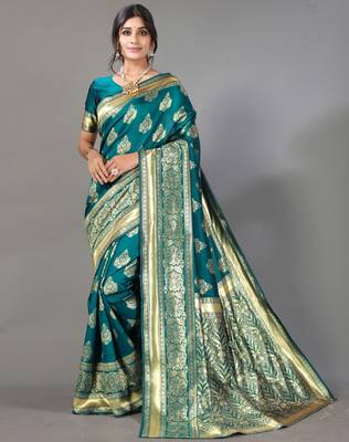 Green printed art silk saree with blouse 1