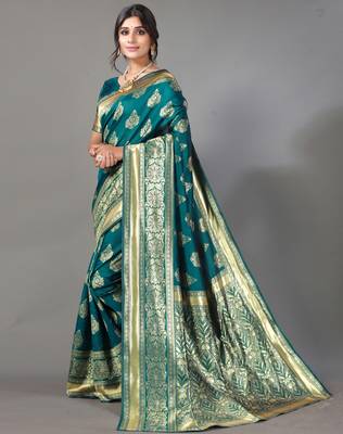 Green printed art silk saree with blouse 2