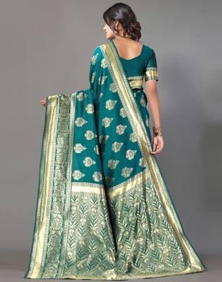 Green printed art silk saree with blouse 3