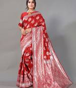 Red printed art silk saree with blouse