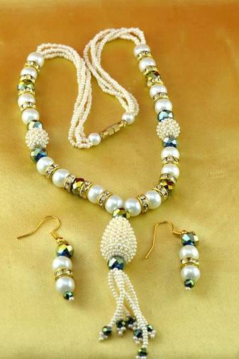 Moti Cz Pearl Stone Polki Kundun  Necklace With Earing