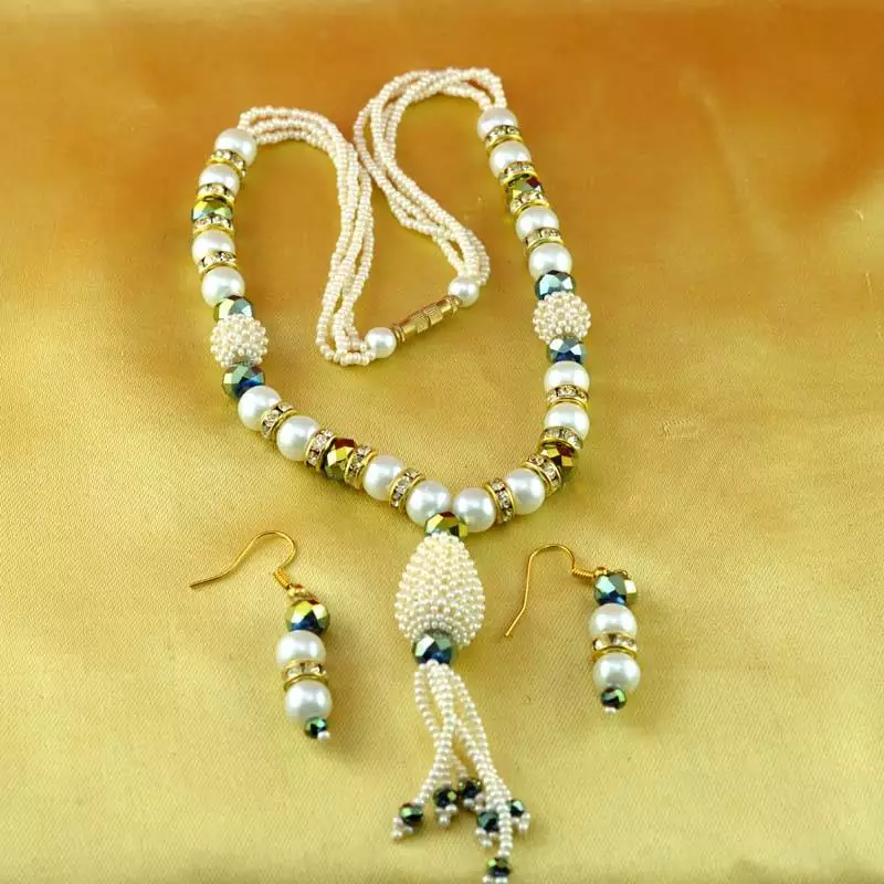 Moti Cz Pearl Stone Polki Kundun  Necklace With Earing