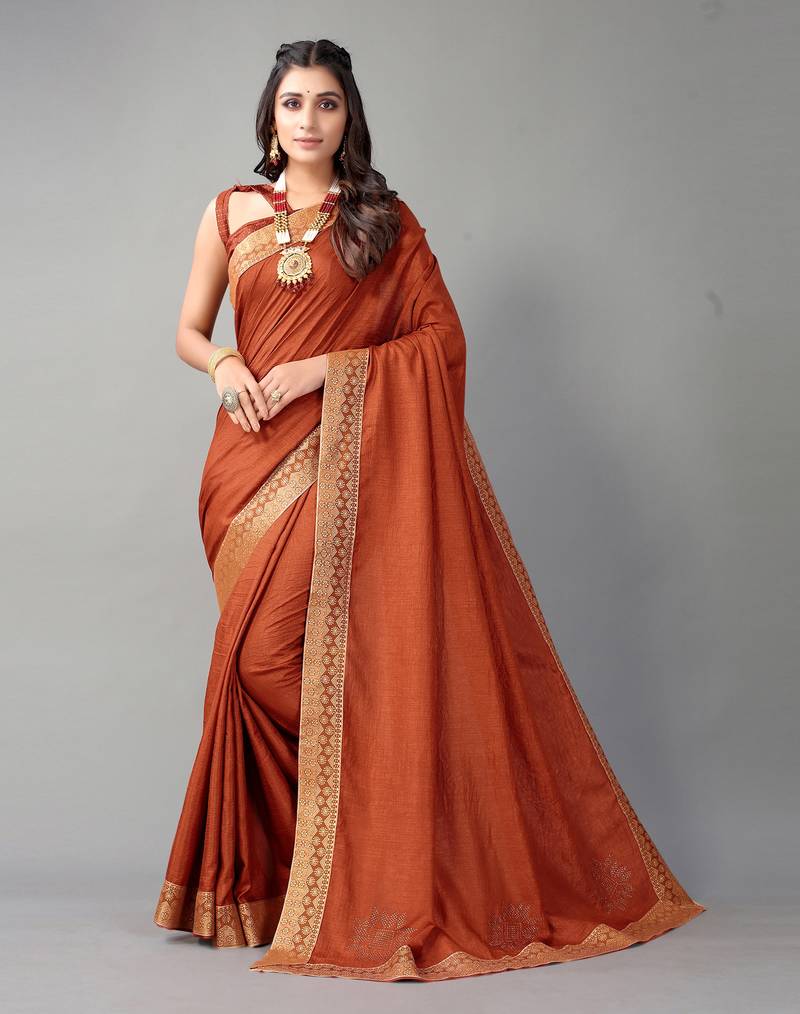 Rust printed silk blend saree with blouse