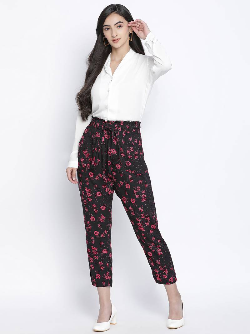 Flwerous black elsticated women pant