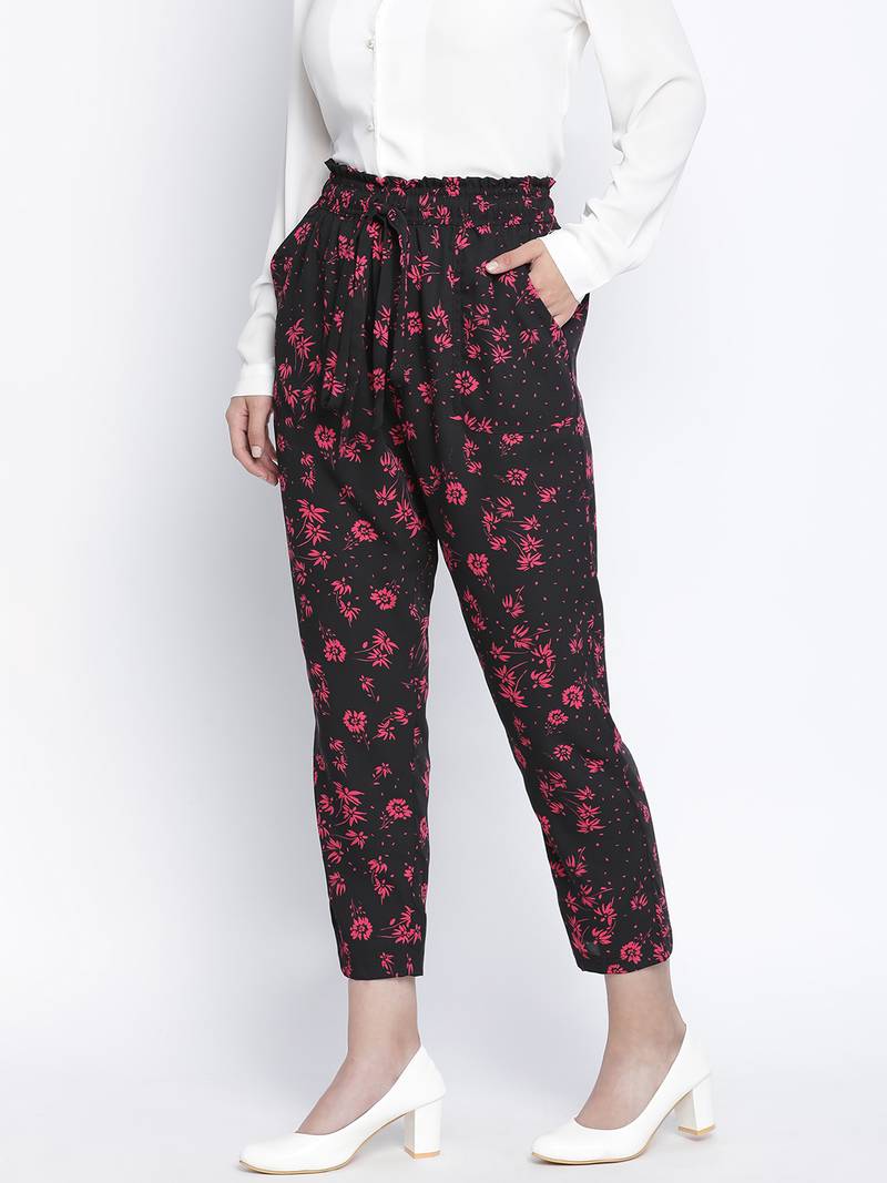 Flwerous black elsticated women pant