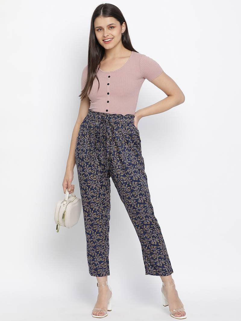 Soscer Blue floral print women Elasticated pant.