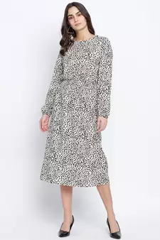 Attalic beige smocked animal printed women dress