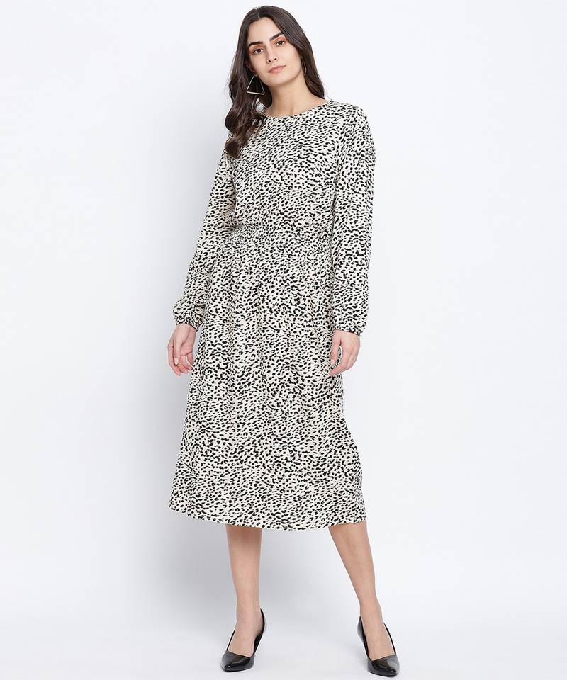 Attalic beige smocked animal printed women dress