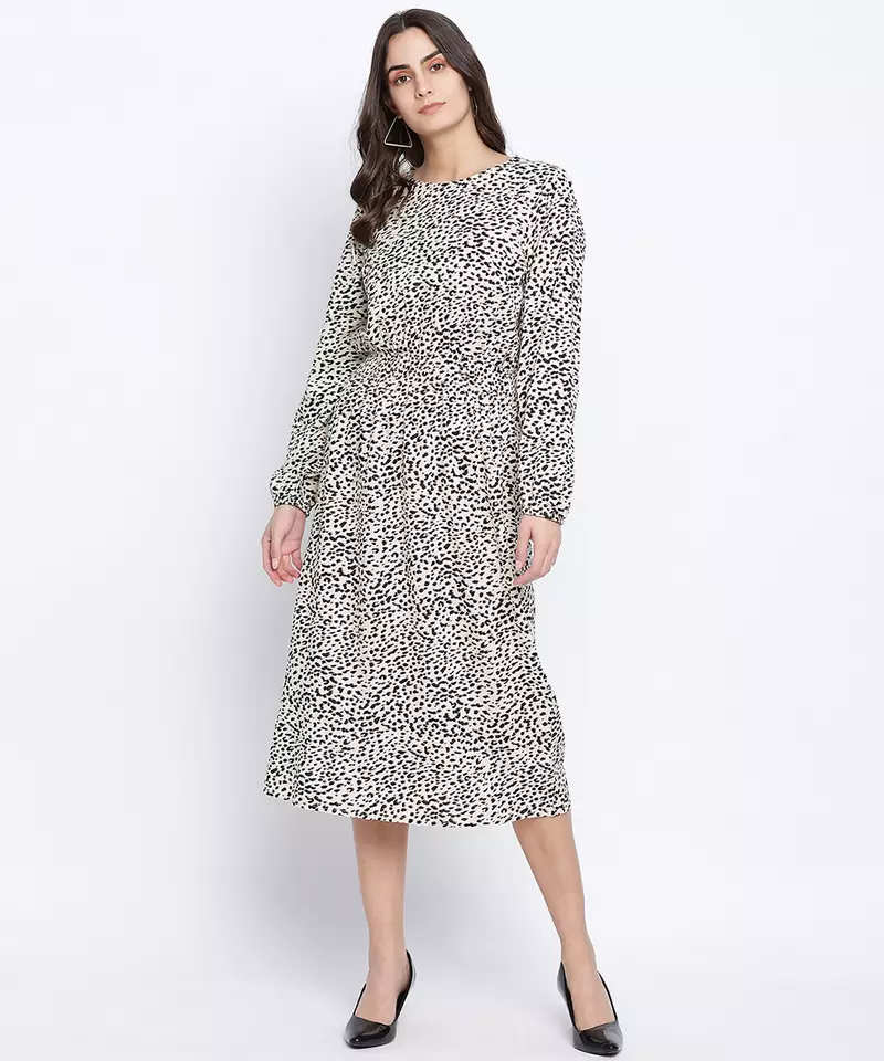 Attalic beige smocked animal printed women dress