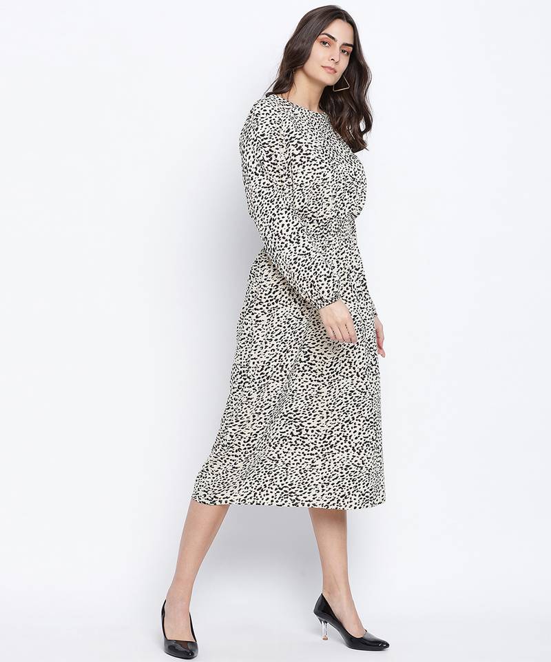Attalic beige smocked animal printed women dress