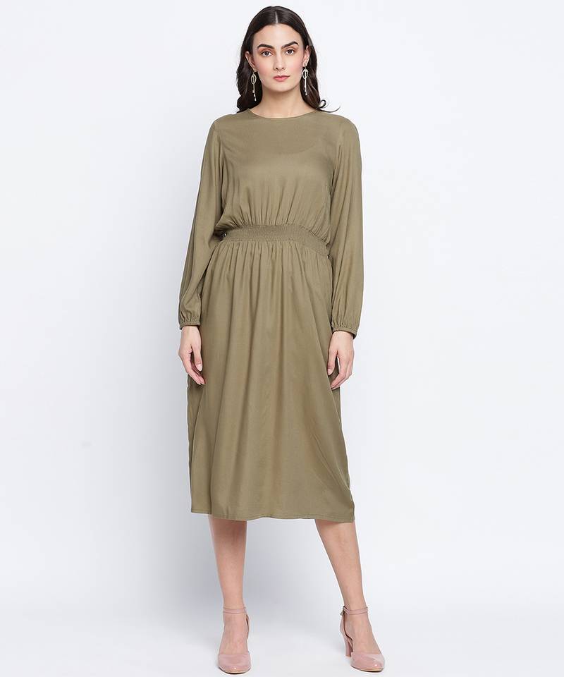 Belle solid Khaki smoked women dress