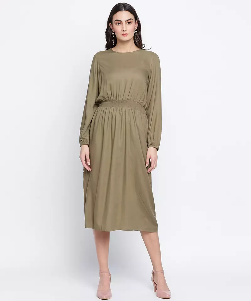 Belle solid Khaki smoked women dress