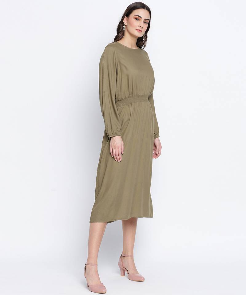 Belle solid Khaki smoked women dress