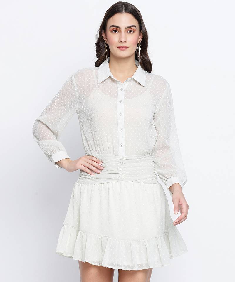 Ice green semi flared swissdot women dress