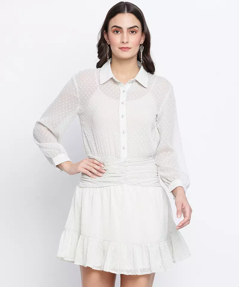 Ice green semi flared swissdot women dress