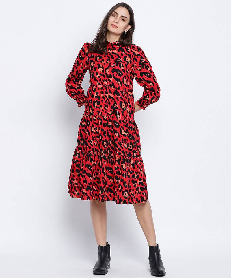 Verve red animal printed button dowm women dress