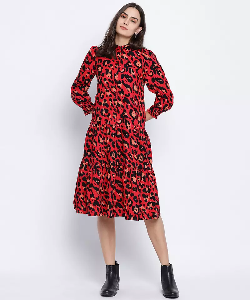 Verve red animal printed button dowm women dress