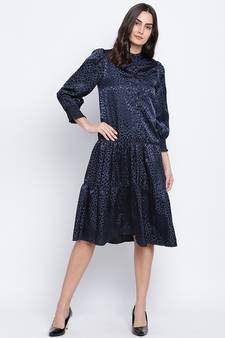 Jacquine Blue button down women Satin Print dress