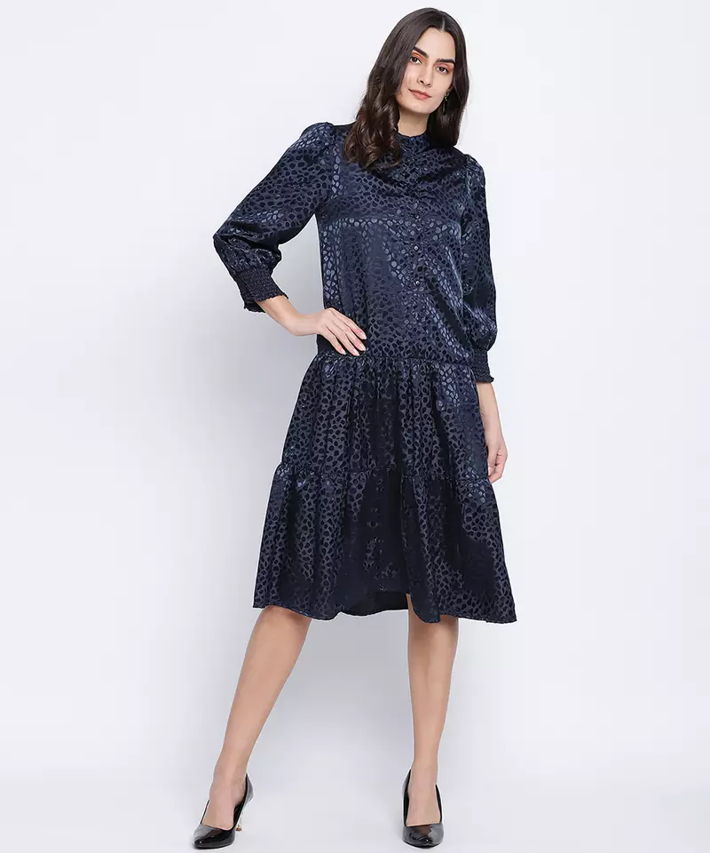 Jacquine Blue button down women Satin Print dress