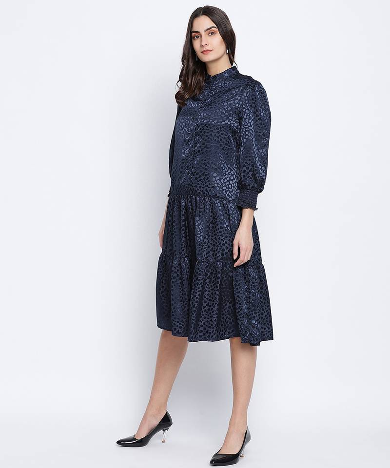 Jacquine Blue button down women Satin Print dress