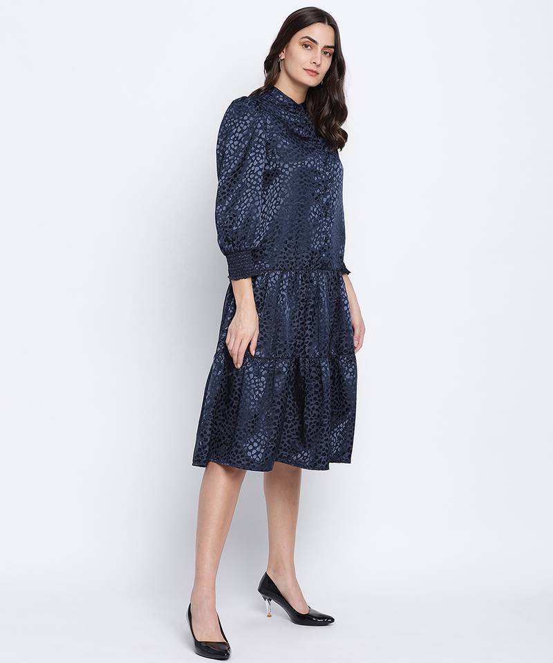 Jacquine Blue button down women Satin Print dress