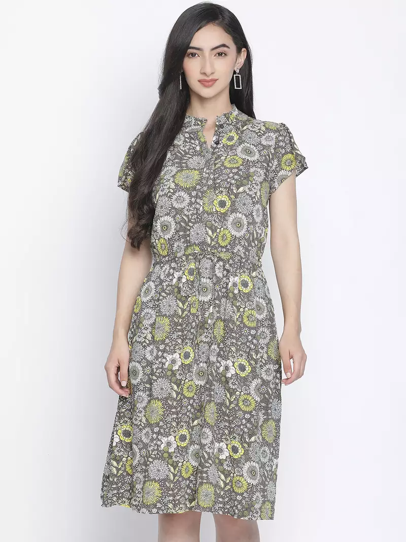 Vober color mesh floral print women dress