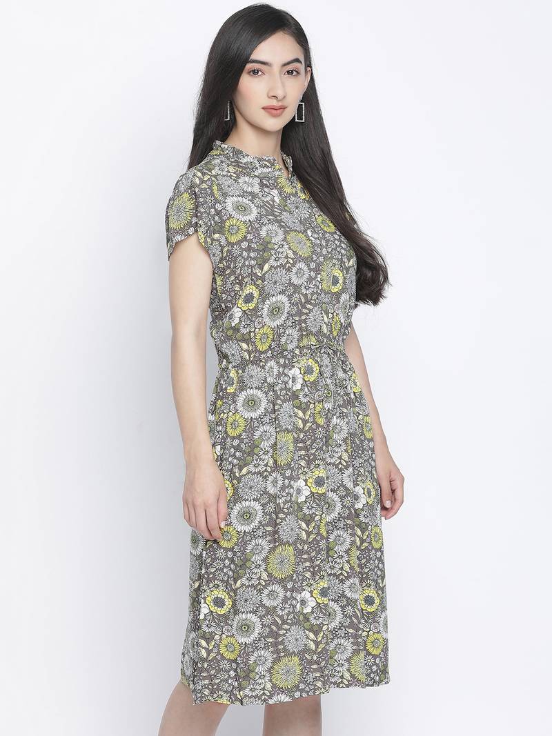 Vober color mesh floral print women dress