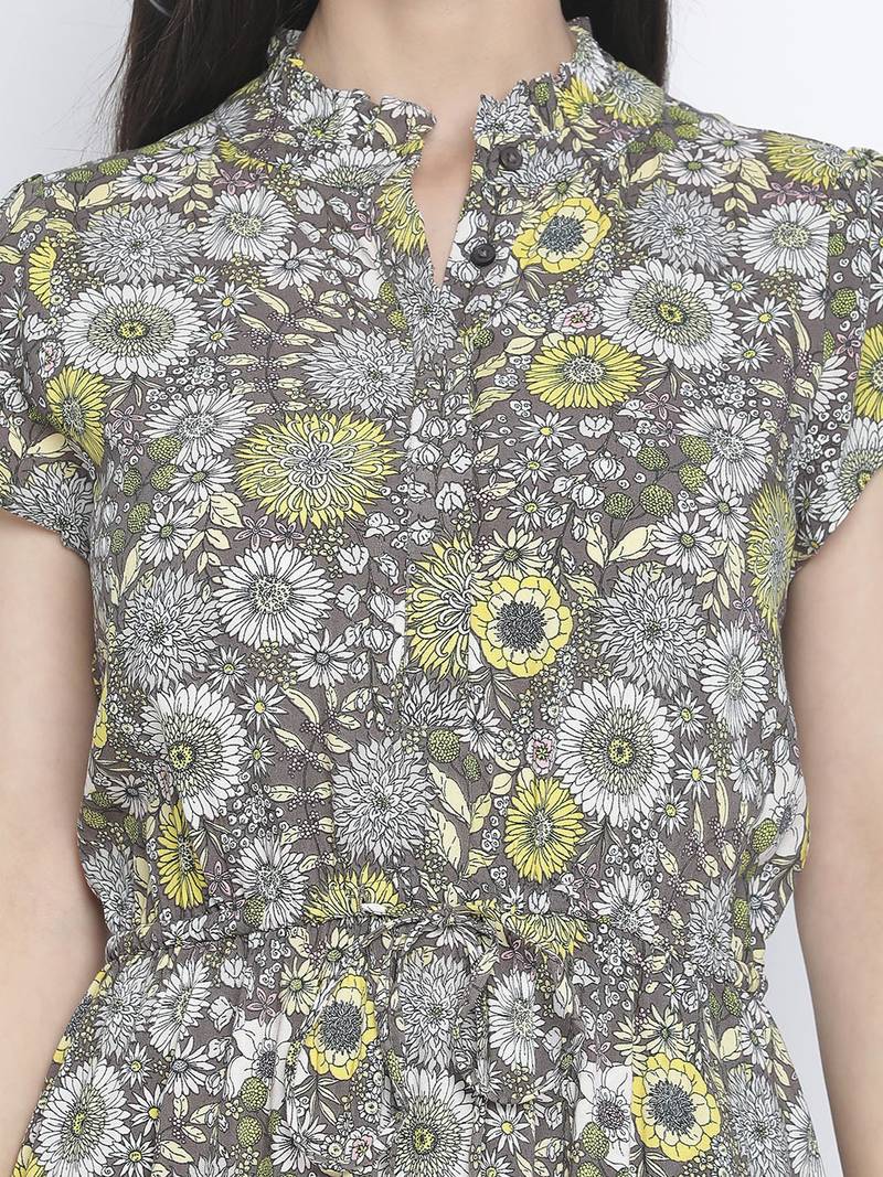 Vober color mesh floral print women dress