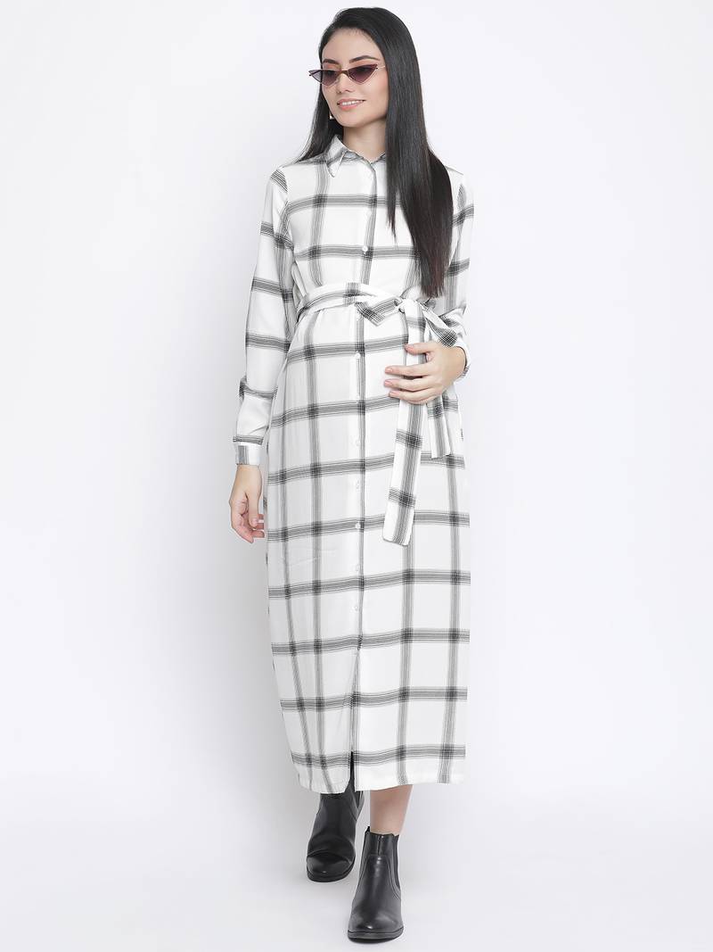 Check saga checker print long maternity dress