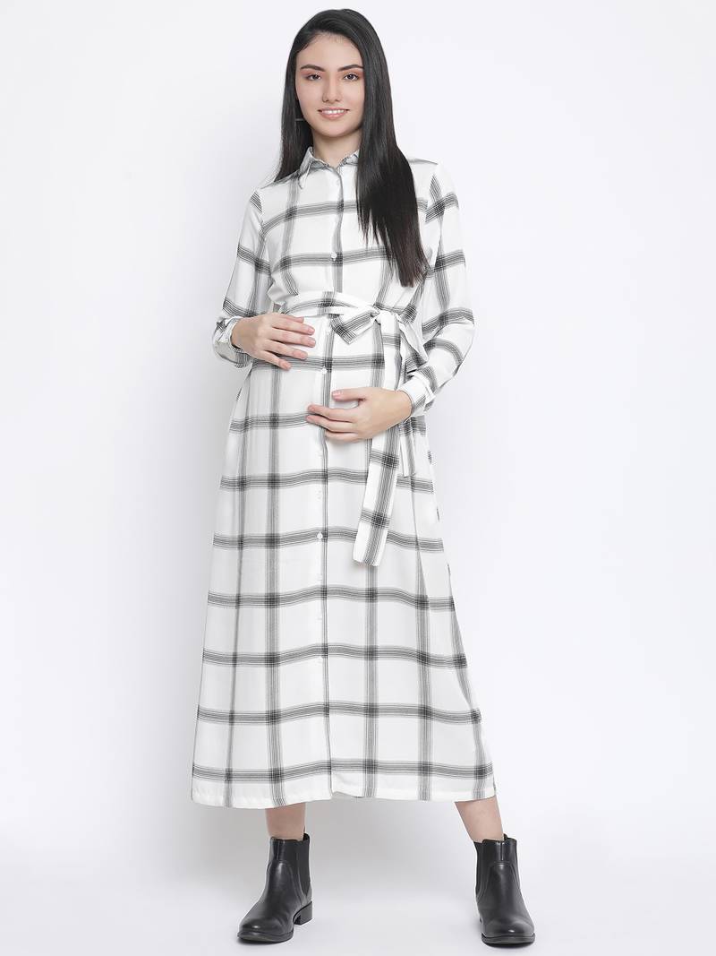 Check saga checker print long maternity dress