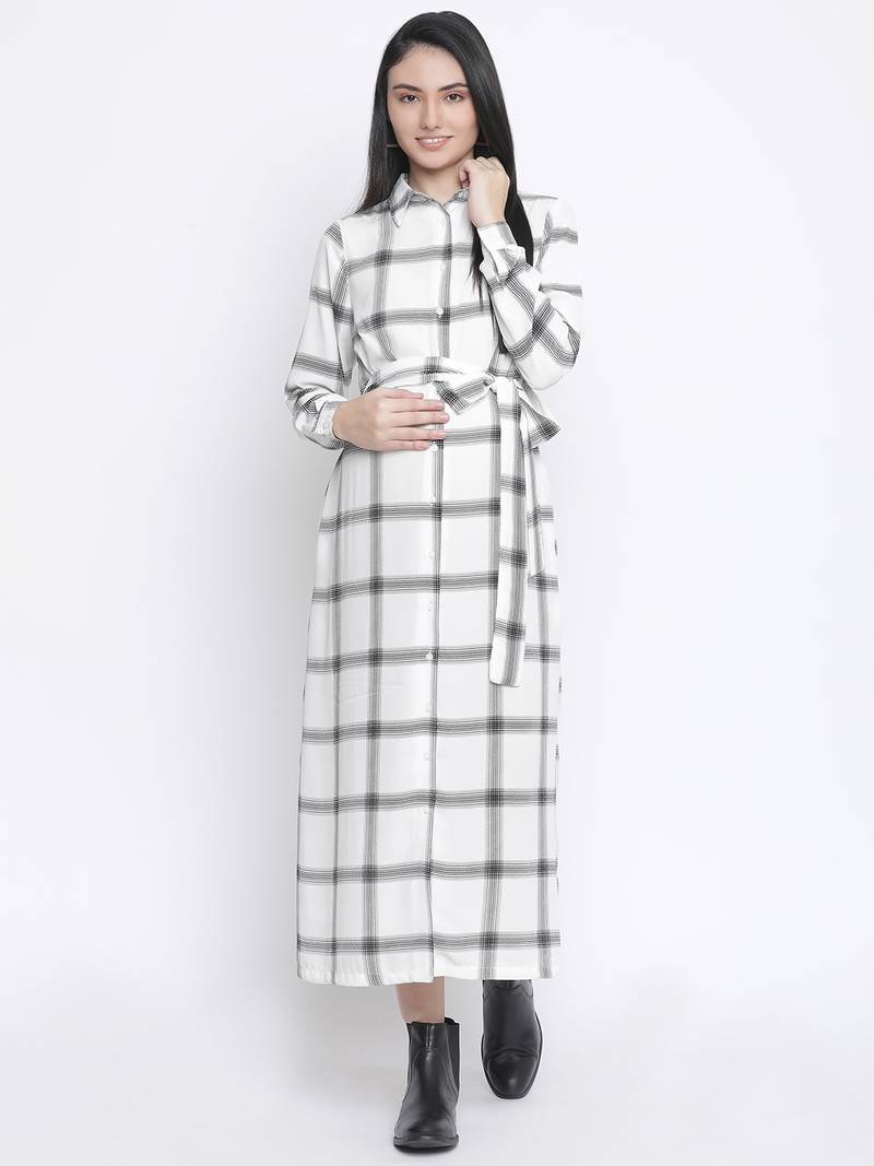 Check saga checker print long maternity dress