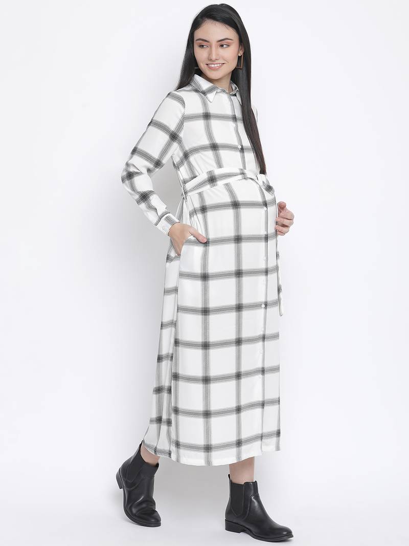 Check saga checker print long maternity dress