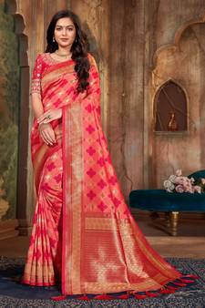 Peach woven banarasi silk saree with blouse