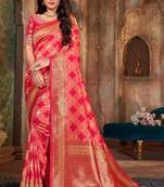 Peach woven Banarasi silk blend saree with blouse