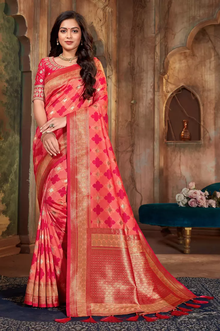Peach woven banarasi silk saree with blouse