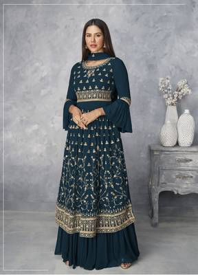 Dark-teal embroidered faux georgette salwar 1