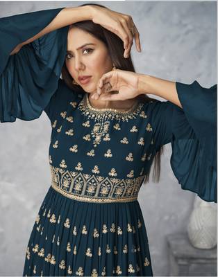 Dark-teal embroidered faux georgette salwar 2