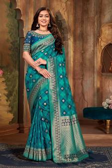 Light blue woven banarasi silk saree with blouse