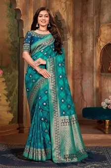Light blue woven banarasi silk saree with blouse