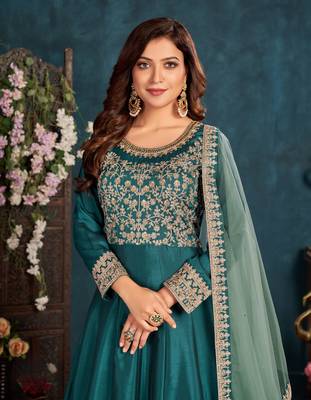Teal embroidered art silk salwar 3
