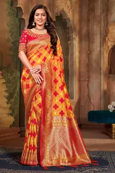 Orange woven banarasi silk saree with blouse