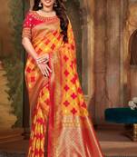 Orange woven banarasi silk saree with blouse