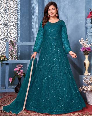 Teal embroidered net salwar 1