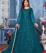 Teal embroidered net salwar